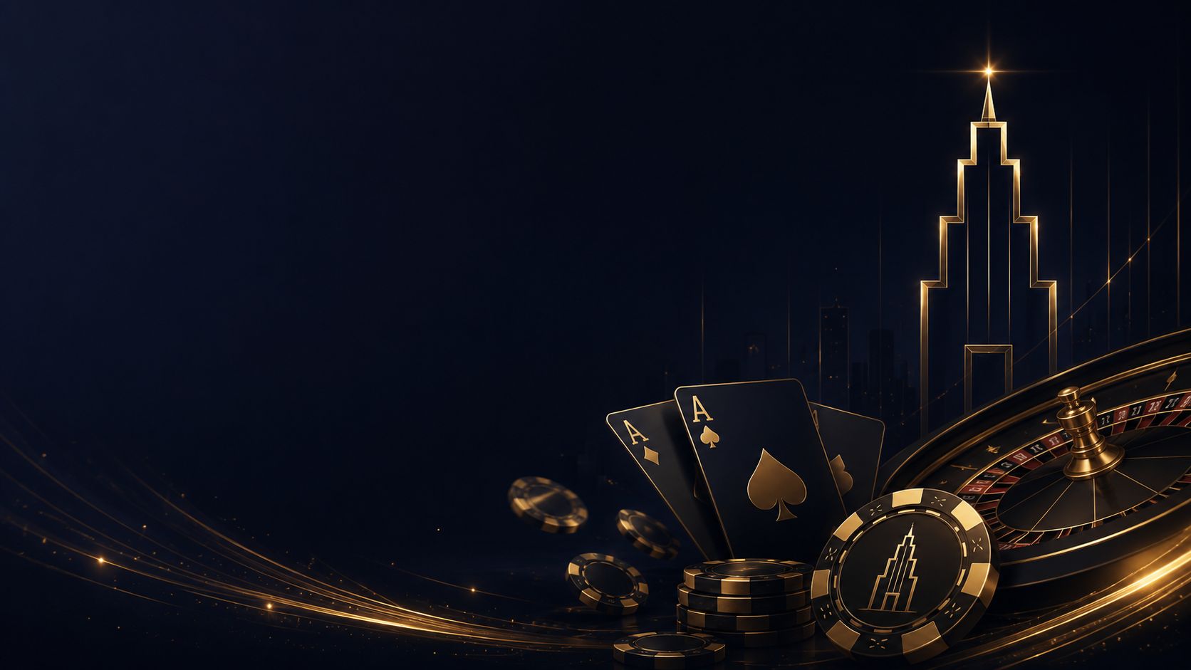 Spielkarten, Chips und ein Rouletterad unter dem Leuchtfeuer des Towers